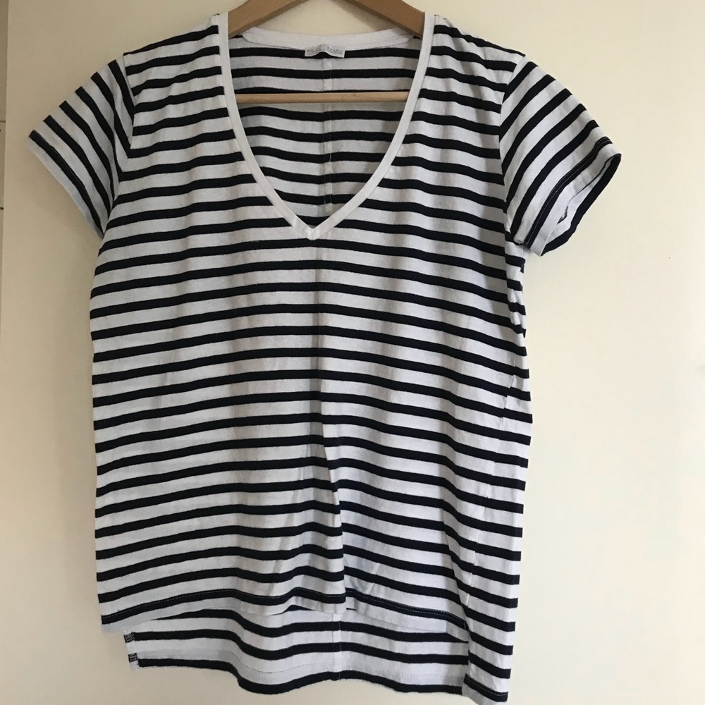 SOLD Zara Small Black White Striped V-Neck Tee